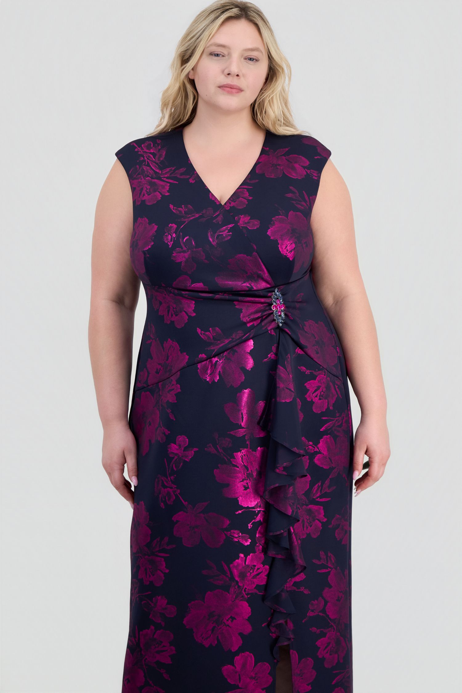 Plus Size Ruffled Brooch-Embellished Dress