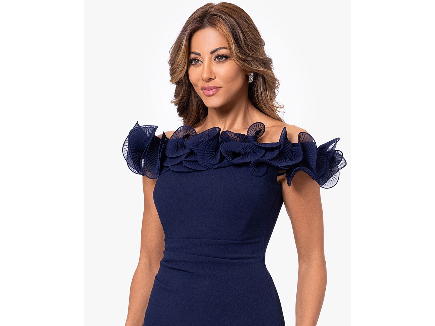 Женские платья XSCAPE Off-The-Shoulder Wire Scuba Gown, цвет: Тёмно-синий — фото 3