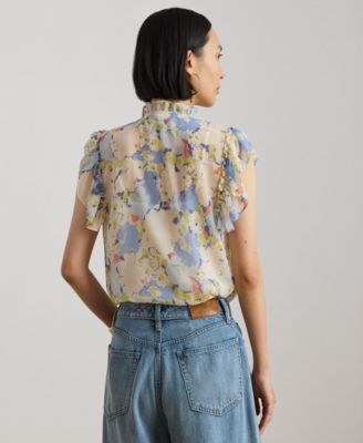 Petite Floral-Print Ruffle Band Collar Georgette Top