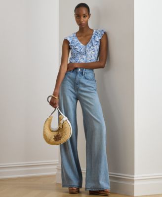 Petite Paisley-Print Ruffle-Trim Sleeveless Top