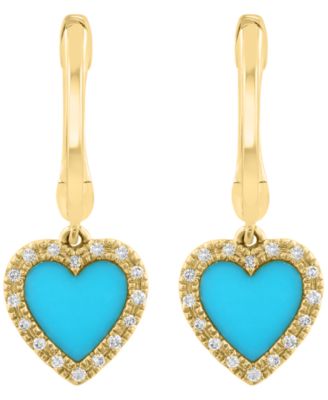 Turquoise & Diamond (1/10 ct. t.w.) Heart Drop Earrings in 14k Yellow Gold
