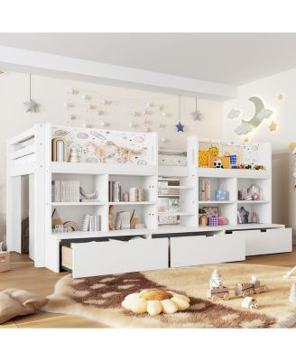 Twin XL Loft Bed with Multi-Storage Shelves & Curtain