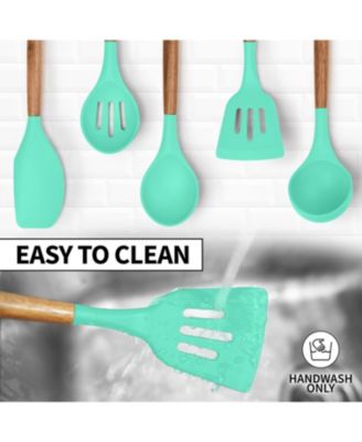 5 Piece Silicone Utensils Set with Authentic Acacia Wood Handles