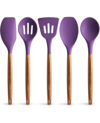 5 Piece Silicone Utensils Set with Authentic Acacia Wood Handles