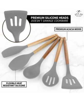 5 Piece Silicone Utensils Set with Authentic Acacia Wood Handles