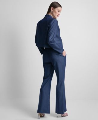 Petite Dressy Denim Notch Collar Cropped Jacket and Straight Fit Denim Trousers