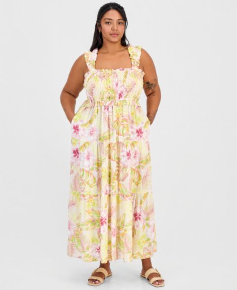 Женское платье FULL CIRCLE TRENDS Plus Size Poof Strap Square Neck Rayon, цвет: Clarissa Tropical