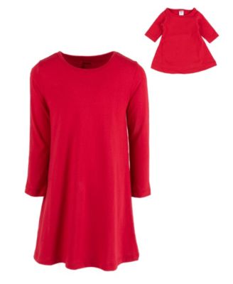 Big Girls 6-14 Matching Doll Long Sleeve Cotton Crew Neck A-Line Dress