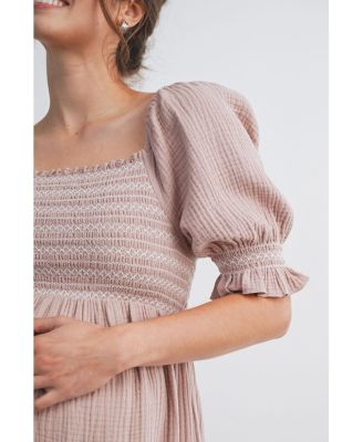 Maternity Smocked Empire Waist Puff Sleeve Midi Dress with Ruffle Hem