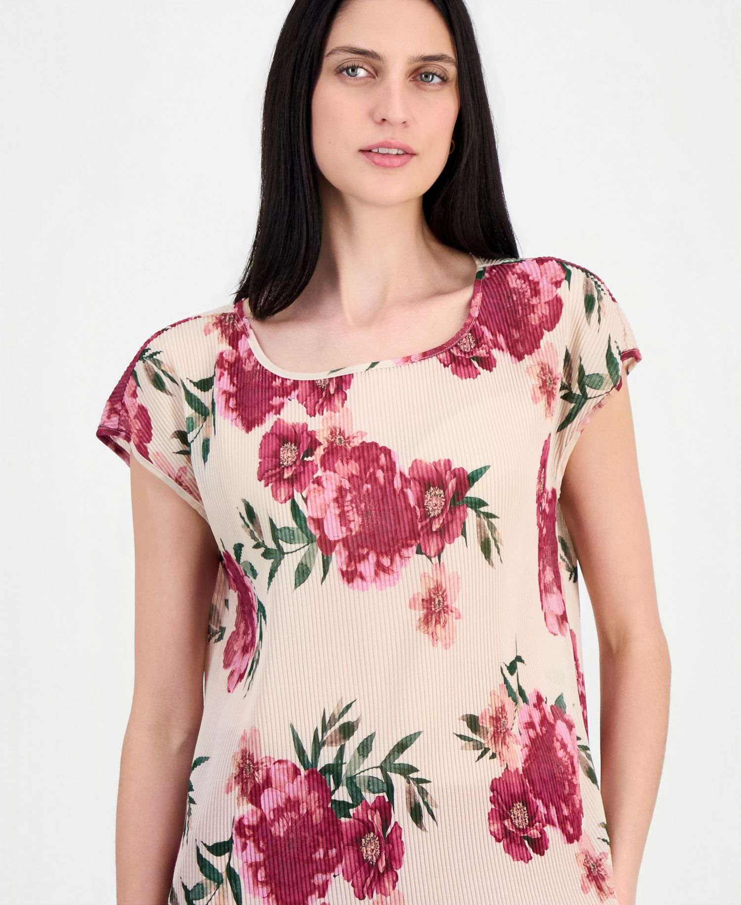 Women's Pleated Floral Boat-Neck Top