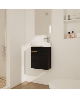17" Wall-Mounted Modern Bathroom Vanity with Ceramic Sink, Black Chestnut Plywood Cabinet & Soft Close Door for Small Spaces-Sillysis