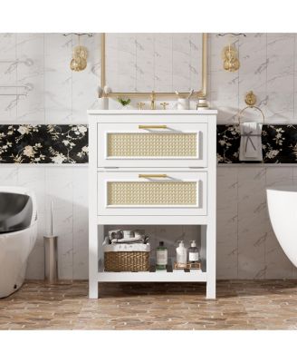 24 Inch Freestanding Bathroom Vanity with Ceramic Sink, Flip-Out Drawer & Modern Storage for Small Spaces