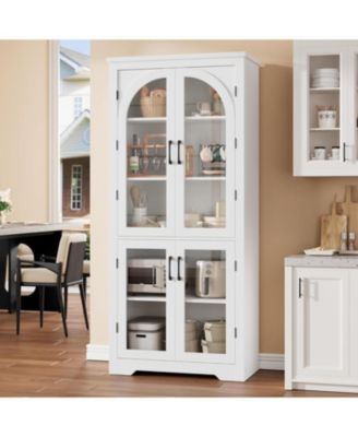 31.5-in W x 70.08-in H x 15.5-in D Kitchen Pantry Cabinet - Modern Display Cabinet with 4 Arched Glass Doors and Adjustable Shelves