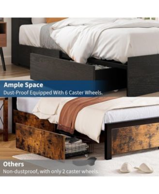  Bed Frame with High Storage Bookcase Headboard, Wood Bed Frame with 4 Storage Drawers, Built in Charging Station, No Box Spring Needed