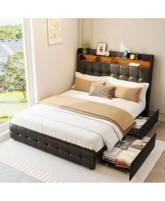 Bed Frame Full with Headboard and 2 Storage Drawers, Full Size Upholstered Bed Frame with LED Light, Modern Soft Bed