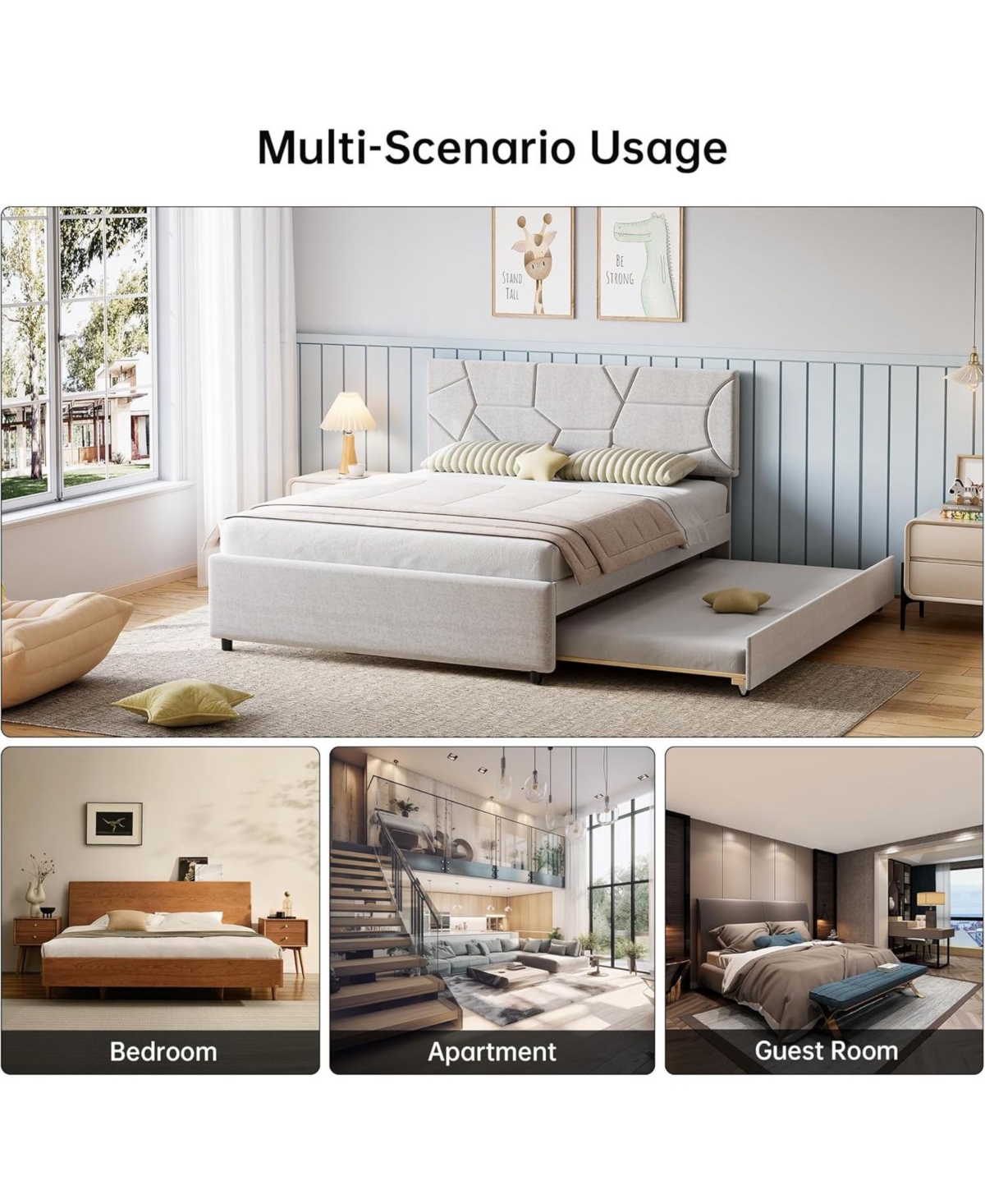 gaomon Trundle Bed Upholstered Platform Bed Frame, Pull Out Bed with Headboard, Wood Slat Support, for Bedroom, Living Room