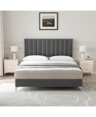 Queen Velvet Platform Bed with Adjustable Headboard