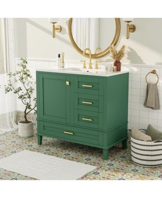 Bathroom Vanity with Ceramic Sink, Solid Pine Frame, Soft Close Drawers & Door for Small Spaces