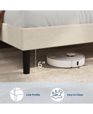 Full Size Bed Frame with USB Charging Station, Corduroy Upholstered Platform Bed Frame with Adjustable Storage Headboard, Wooden Slats Support