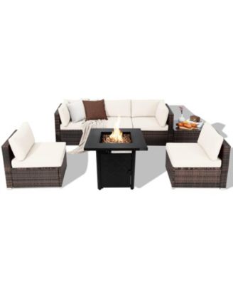 Set of 7 Patio Furniture Set w/ 28'' 50000 BTU Propane Gas Fire Pit Table Cushions