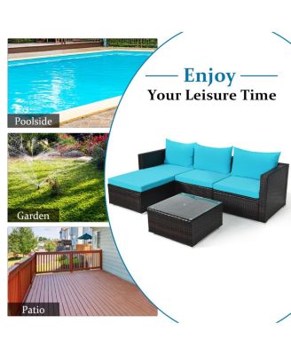 5PCS Cushioned Rattan Patio Conversation Set w/ Coffee Table Ottoman