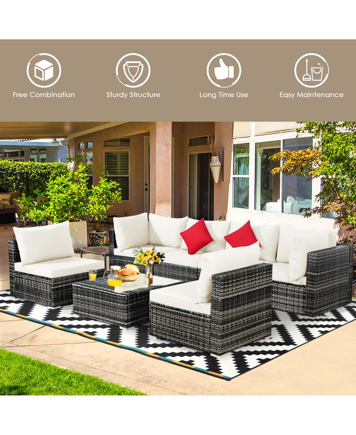 Gymax 7PCS Pe Rattan Patio Sectional Sofa Conversation Set w/ Cushions