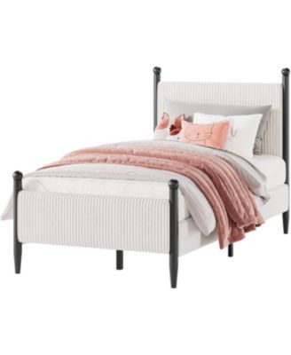 Twin Bed Frame Upholstered Velvet Headboard Corduroy Fabric Wooden Slats Heavy Duty Platform Bed