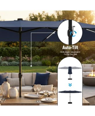 15 ft. Double Sided Umbrella Outdoor Patio Umbrella with 12 LED Solar Strips, Base and Sand Bag