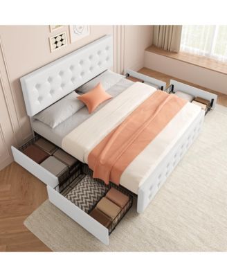 King Bed Frame with Headboard & 4 Storage Drawers, Square Stitched Button Tufted Platform