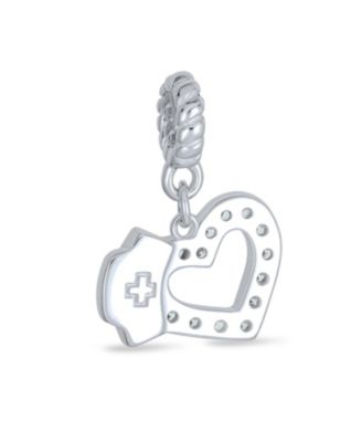Heart Shape RN Cap Nurse Dangle Bead Charm For Charm Bracelet .925 Sterling Silver