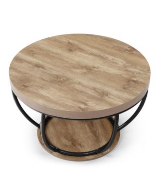 Round Coffee Table - 2-Tier Storage Shelves, Industrial Modern Wood & Metal Center Table for Living Room, Home Office