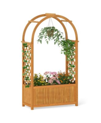 Wooden Raised Garden Bed w/ Lattice Trellis Arched Roof Liner Drainage Patio