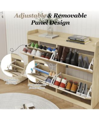 Large Shoe Storage Cabinet with 4 Flip Drawers, Freestanding Narrow Shoe Organizer with Hooks and Storage, Hidden Shoe Organizer