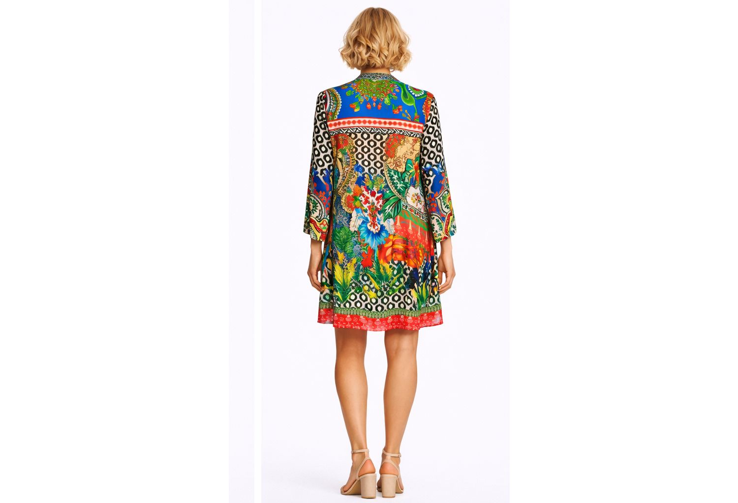 Women's Short Asymmetrical Dress with V-Neck and Mid-Length Sleeves