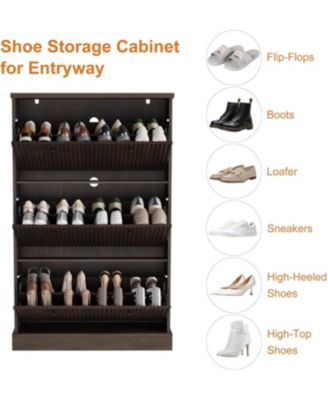 Shoe Cabinet with 3 Flip Drawers Modern Fluted Cabinet with Adjustable Shelves Freestanding Wooden Shoe Organizer for Entryway Hallway