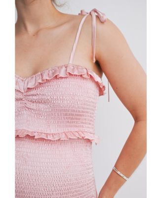 Women's Maternity Smocked Bodycon Midi Dress with Ruffle Trim and Tie Straps