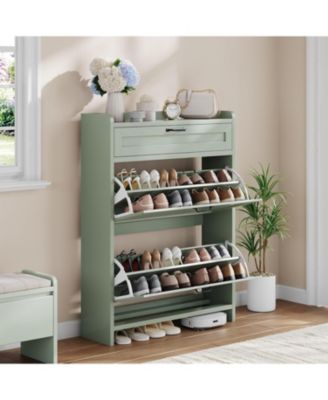 Shoe Cabinet with 2 Flip Drawers and 1 Top Drawer High-Gloss Painted Wood Shoe Organizer with Adjustable Shelves