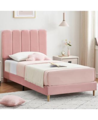 Twin Bed Frame, Velvet Upholstered Platform Bed with Wave Headboard for Girls/Kids, Easy Assembly, Wooden Slats Support, No Box Spring Needed