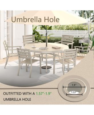 7-Piece Outdoor Dining Set, 6 Stackable Metal Chairs with 1 Round Slatted Table, Sandstone Color, All-Weather Patio Set