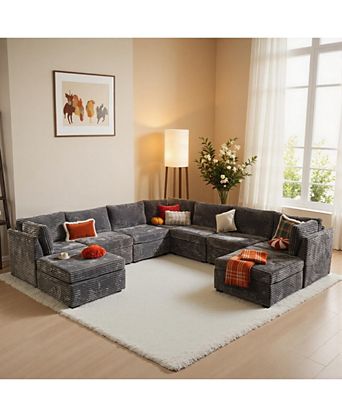 9-Piece Modular Sectional Sofa Couch with Chaise Ottomans, Comfy Plush Corduroy Cloud Couches, Modern Deep Seat Sofas Set for Living Room