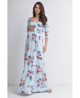 Maternity Floral Nursing Wrap 3/4 Sleeve V-Neck Maxi Dress