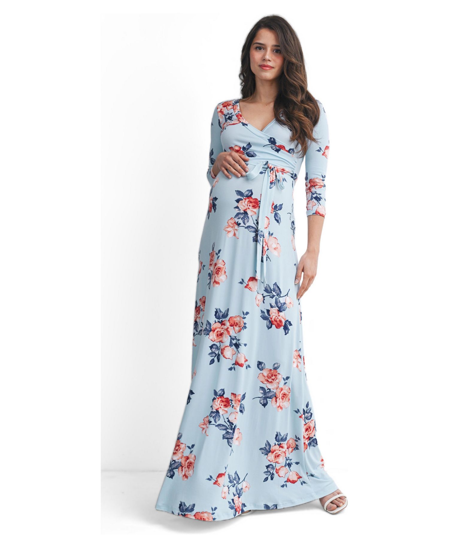 Women's Floral Nursing Wrap 3/4 Sleeve V-Neck Maxi Dress