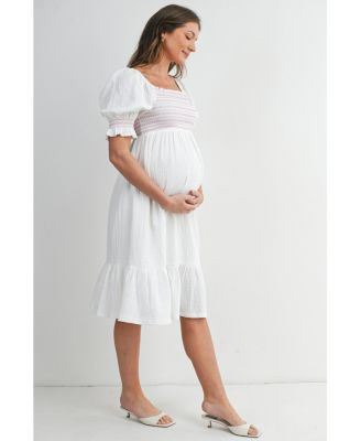 Maternity Smocked Empire Waist Puff Sleeve Midi Dress with Ruffle Hem