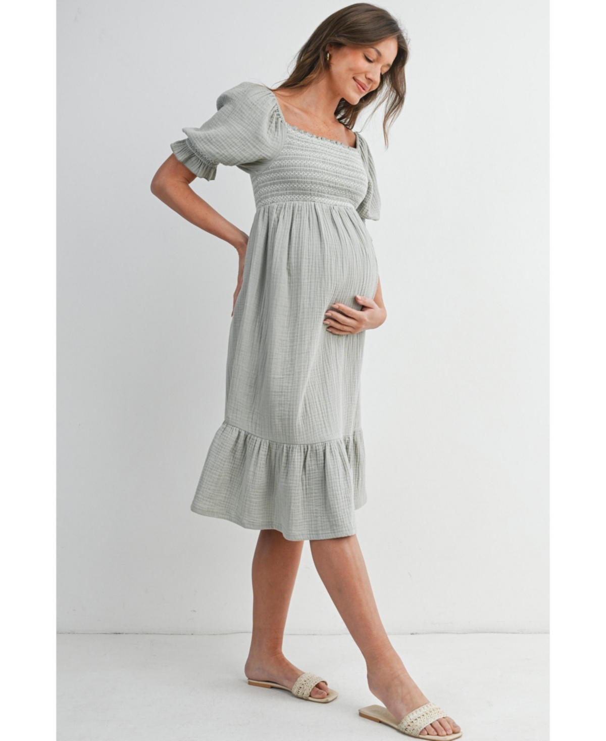 Hello Miz Maternity Smocked Empire Waist Puff Sleeve Midi Dress with Ruffle Hem