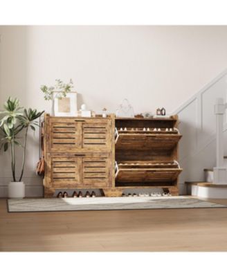 Shoe Cabinet Storage with 2 Flip Drawers Freestanding Shoe Organizer with Hooks Narrow Shoe Cabinet Slim Hidden Shoe Cabinet for Entryway