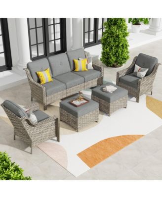 5 Piece Outdoor Patio Furniture Set,Wicker Conversation Set with Comfy Deep Sofa,Wide Armrest Chairs with Ottoman for Outside Porch Balcony