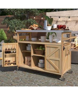 Outdoor Kitchen Island and Rolling Bar Cart, Farmhouse Solid Wood Grill Table with Stainless Steel Top, Spice Rack and Towel Rack