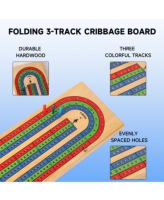 Wooden Folding 3-Track Color Coded Portable Travel Cribbage Board with 6 Plastic Pegs, Travel Game