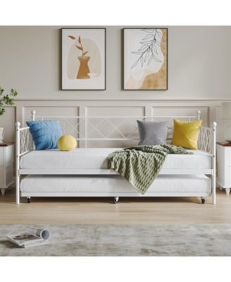Daybed with Trundle Metal Twin Headboard Sofa Bed Metal Slats Bedroom Living Room Guest Room