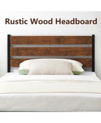 Bed Frame Rustic Brown Wood Farmhouse Metal Platform Wooden Slat Easy Assembly No Box Spring Needed